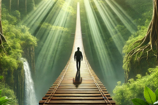 a man standing on a bridge with the horizon all bright with light